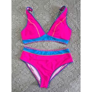 Hilinker Pink Blue Scalloped High Waisted Bikini Set New XL